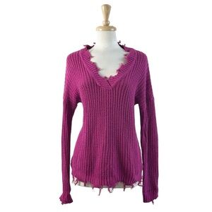 ANDREE BY UNIT Sweater Purple Fray Knotted V Neck Long Sleeve Waffle Cable Knit